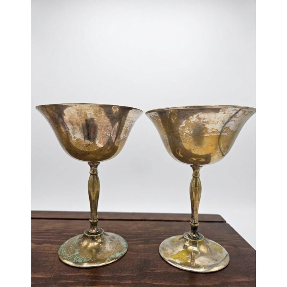 2 Vintage  E.P.N.S. Goblets with Heavy Patina made in India, Silverplate Barware